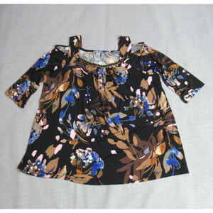 Catherines Top Womens Size 1X 18/20W Brown Black Floral Cold Shoulder Momcore